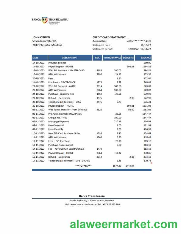 Moldova Banca Transilvania bank statement Excel and PDF template